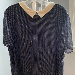 Ann Taylor Navy Blue Polka-Dot Short Sleeve Blouse XL